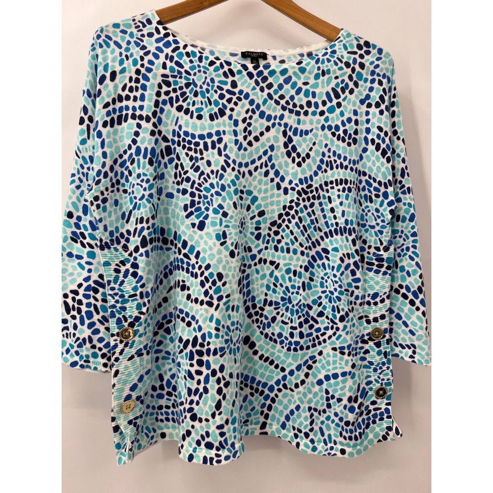 Talbots Petites Blue Mosaic Dot Print Cotton Sweater Gold Button Side Vent LP